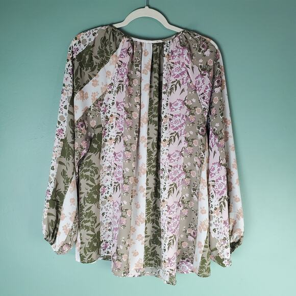 Andree by Unit Top Womens Boho Floral Patchwork Peasant Tie LS Blouse Size 1X - Picture 2 of 5